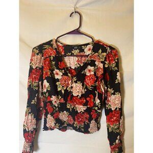 Y2K‎ American Eagle Womens Size XS Black Floral Top Shirt Blouse Crop Vneck Sexy